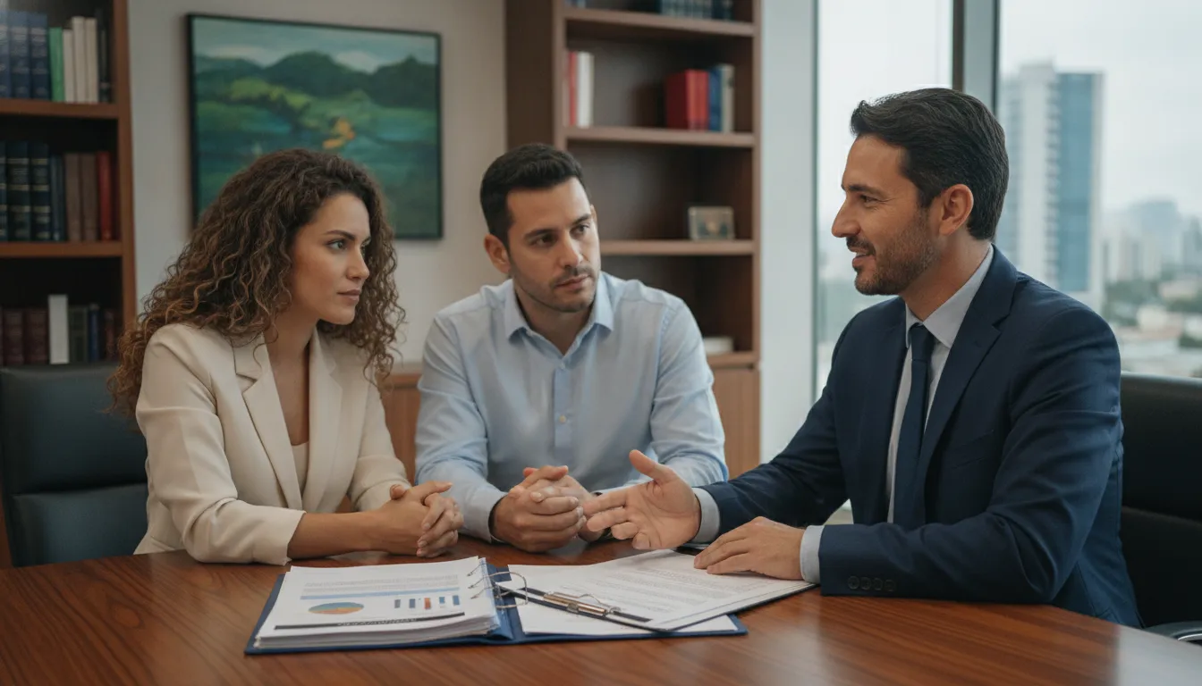 Lawyer explains Brazil entry visa requirements to foreign clients during a professional consultation.