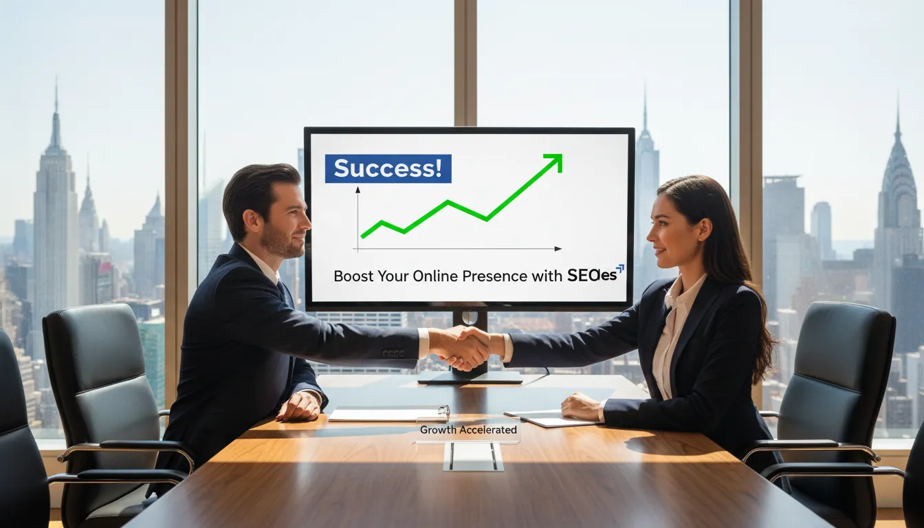 Executives celebrating success in a Manhattan office, demonstrating why effective seo marketing is crucial for online presence.
