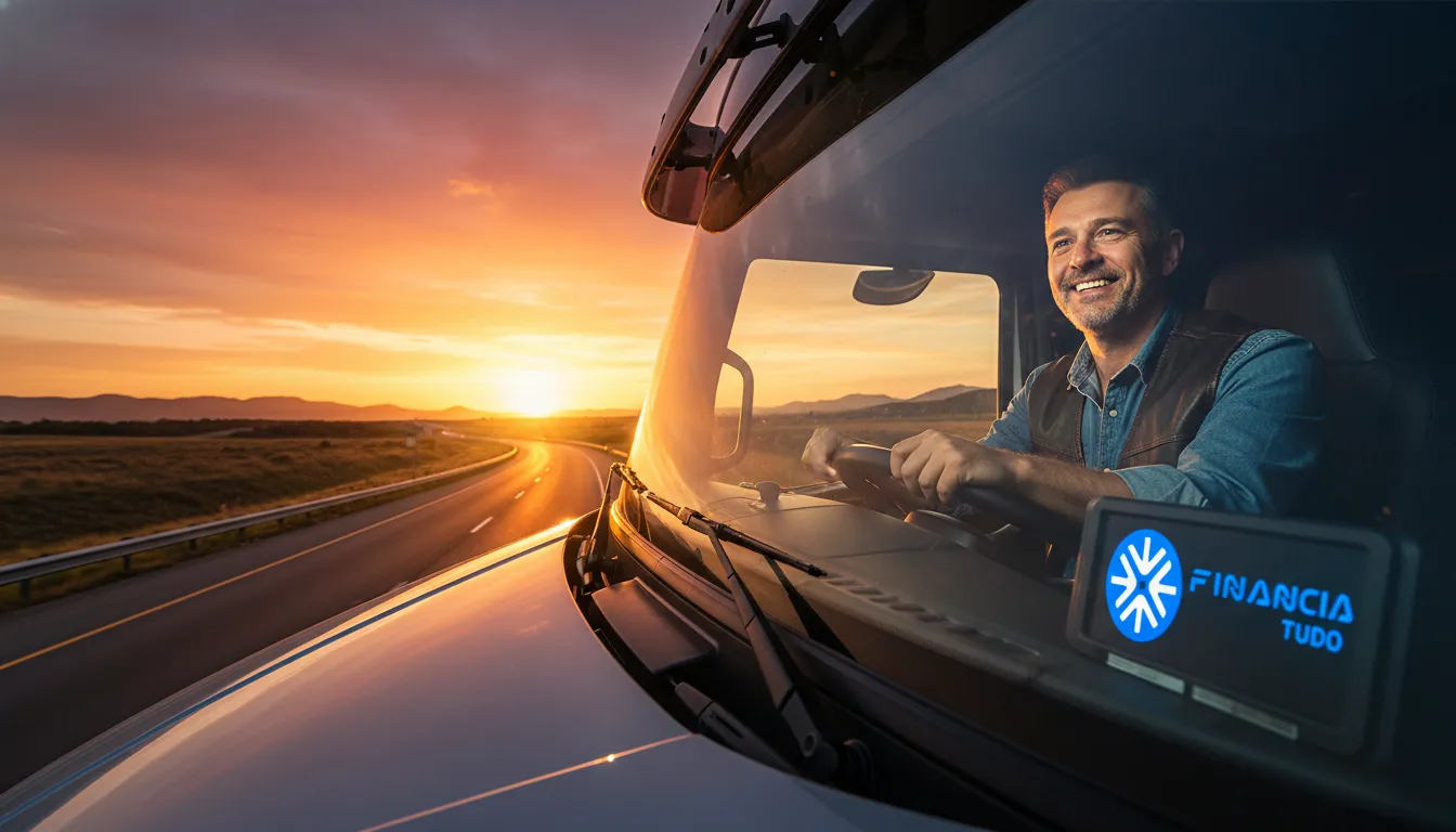 Um caminhoneiro feliz dirigindo seu veículo após um bem-sucedido refinanciamento de caminhão, com capital liberado.