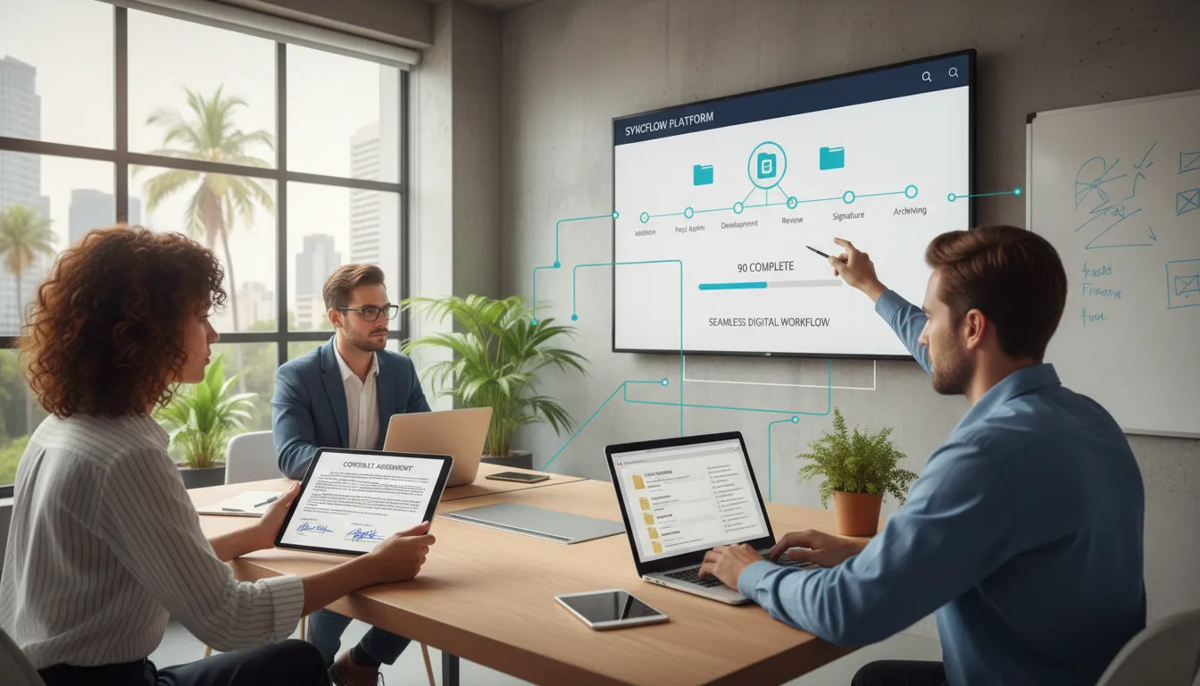 Equipe utilizando plataforma online integrada para assinatura de contratos digitais