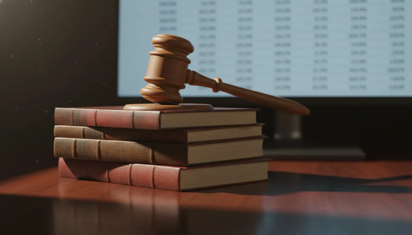 Martelo de juiz sobre livros jurídicos, simbolizando justiça e direitos em casos de FGTS atrasado.