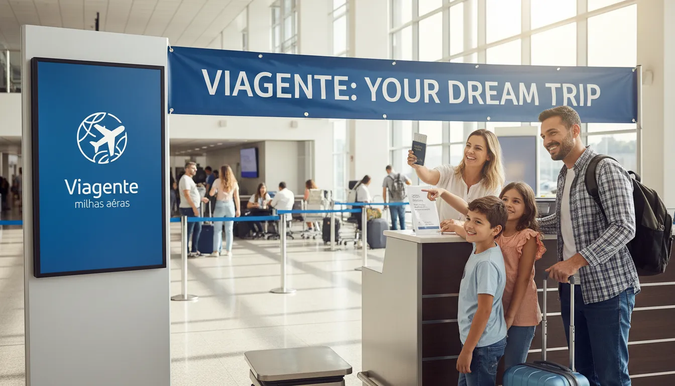 Família feliz no check-in do aeroporto, com banner da Viagente destacando o programa de milhas aéreas para viagens dos sonhos.