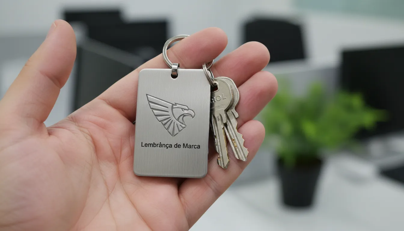 Mão segurando um dos chaveiros personalizados com logo de empresa em ambiente de escritório, demonstrando o uso diário e a visibilidade da marca.