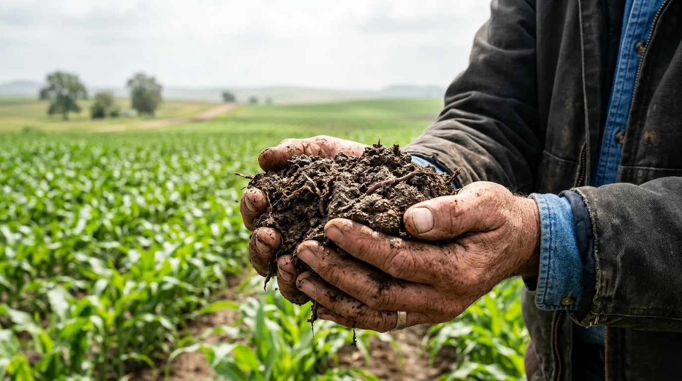 Agricultor analisa solo rico em materia organica per essencial contra o El Nino.