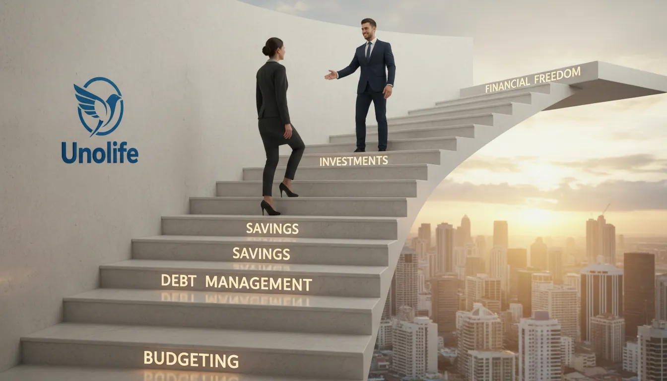 Metáfora visual do progresso financeiro: consultor financeiro online guiando o indivíduo em direção à liberdade financeira através do planejamento, organização e educação.