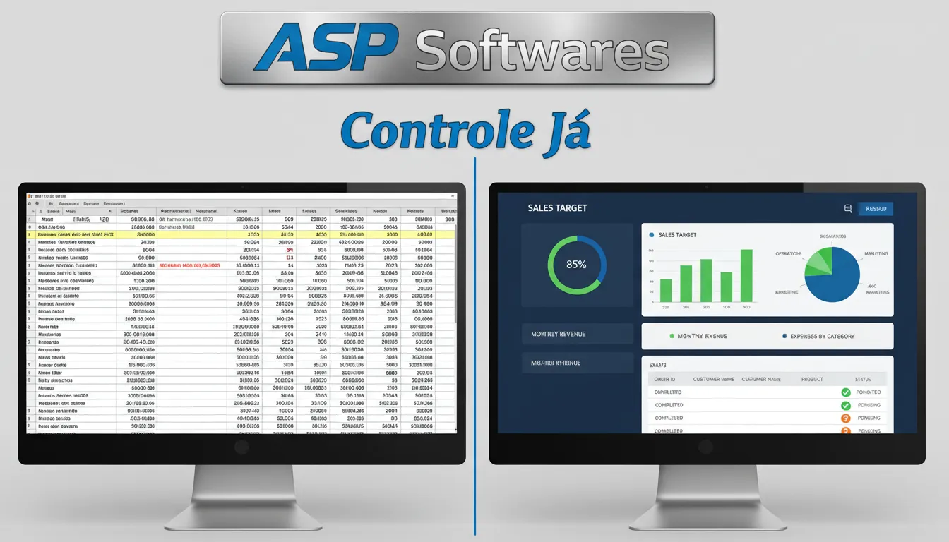 Comparativo lado a lado: uma planilha de controle de estoque caótica versus um painel de software intuitivo, destacando os benefícios de migrar para um sistema de gestão da ASP Softwares.