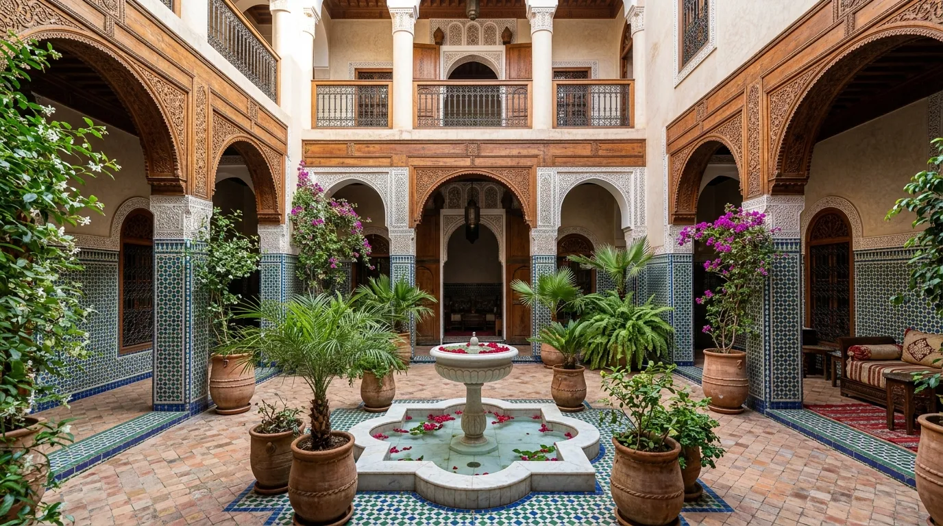 Pátio interno de riad tradicional com mosaicos em roteiro Marrocos pelas cidades imperiais.