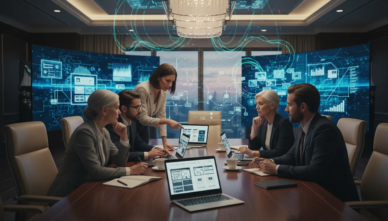 Como Fazer Site em 2026: O Guia Completo para Não Cair em Armadilhas 1 Empresários de diferentes perfis revisando layouts de site em mesa de reunião com ambiente tecnológico