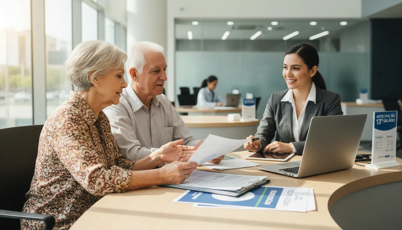 Casal de aposentados conversa com atendente de banco sobre antecipação do décimo terceiro salário