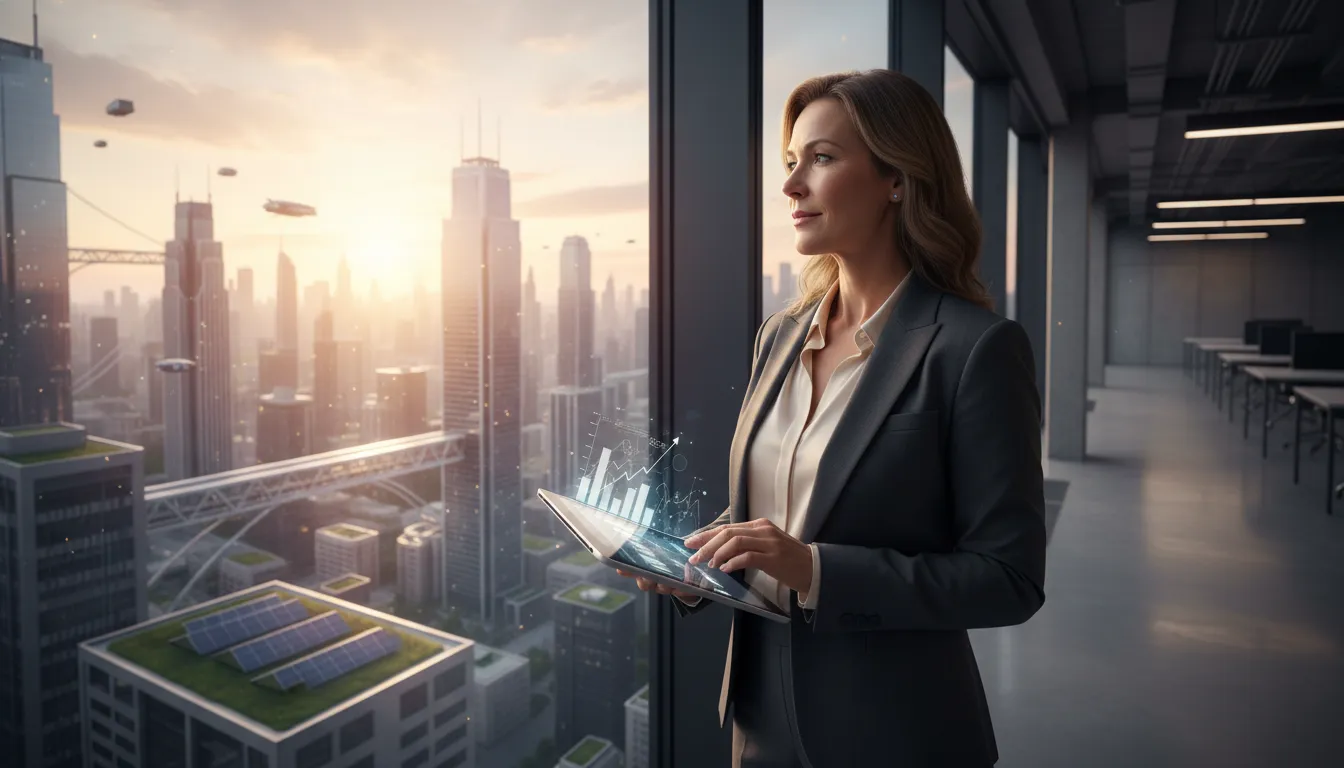 Executiva em escritório futurista, observa cidade ao amanhecer, tablet mostra crescimento marketing digital.