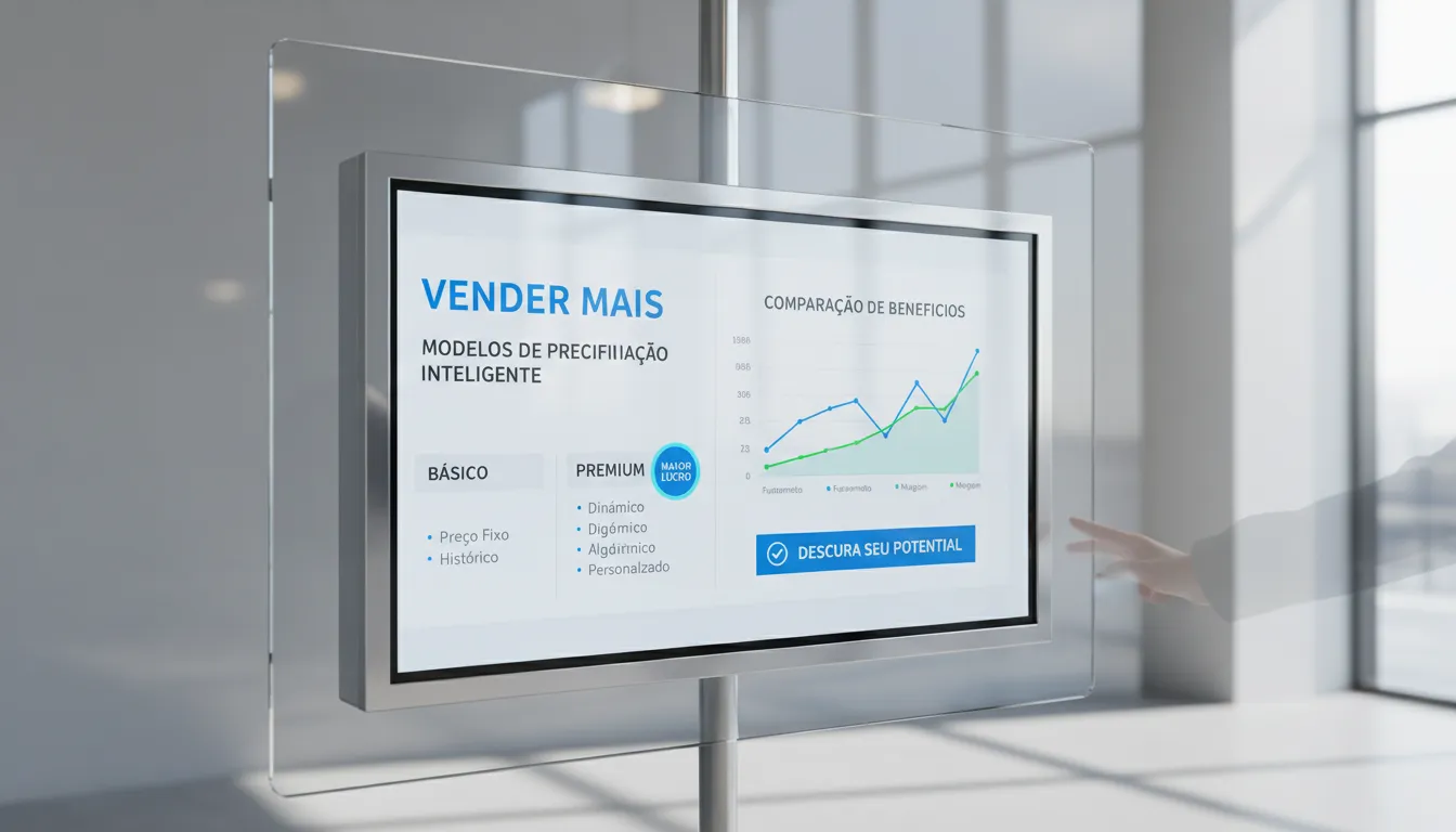 Display digital mostrando modelos de precificação e comparações, destacando a importância da precificação value-based para o sucesso.