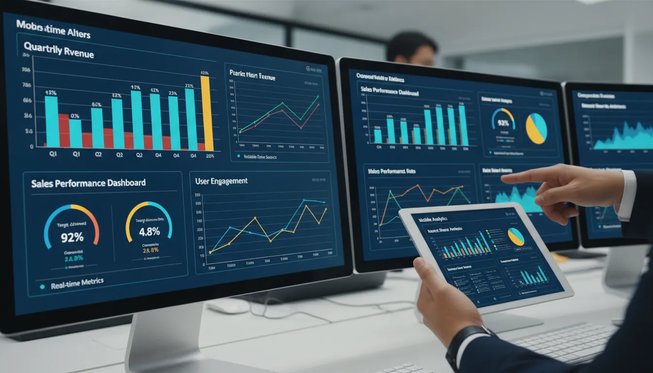Dispositivos mostrando dashboards de desempenho, gráficos e relatórios detalhados em um sistema de gestão moderno