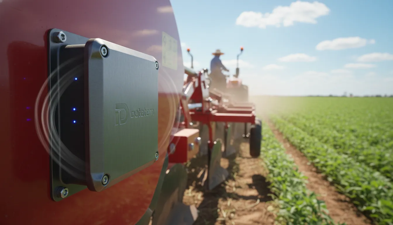 Sensor IoT LPWAN robusto em máquina agrícola brasileira, otimizando agricultura de precisão com Datatem.