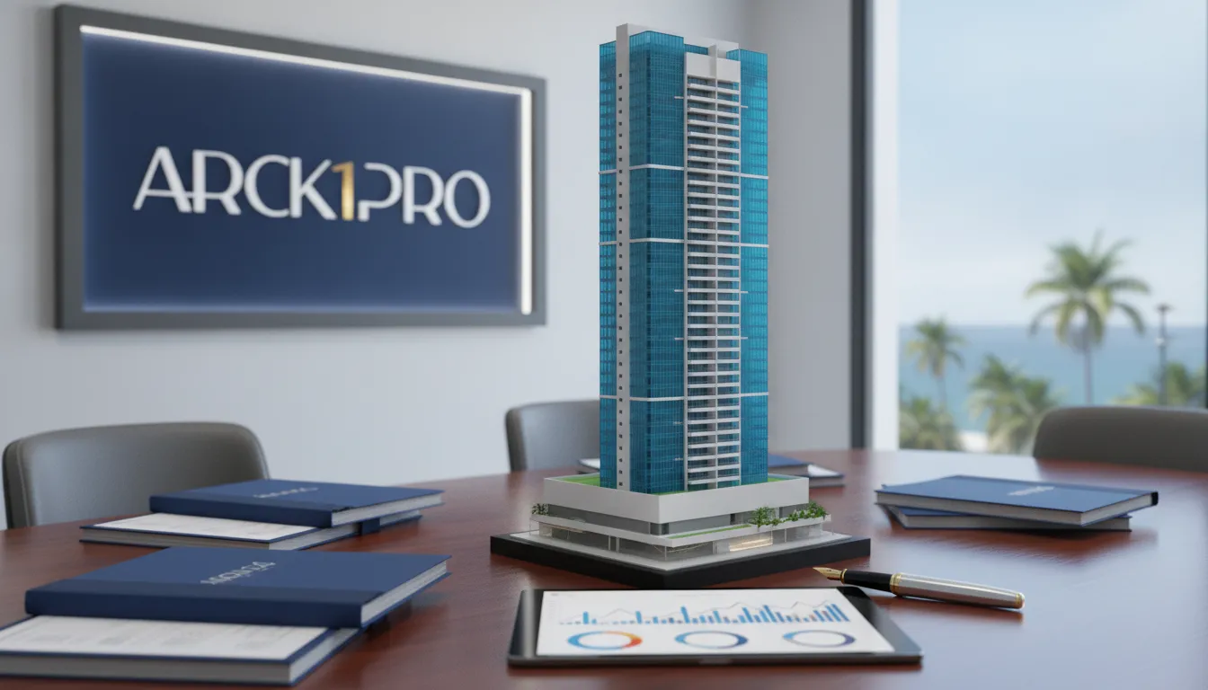 Maquete arquitetônica de torre residencial com documentos financeiros, simbolizando investimento imobiliário no litoral catarinense.