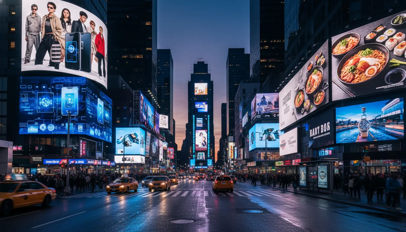 Anúncios de Instagram Ads em múltiplos outdoors digitais e paradas de ônibus em cidade movimentada.