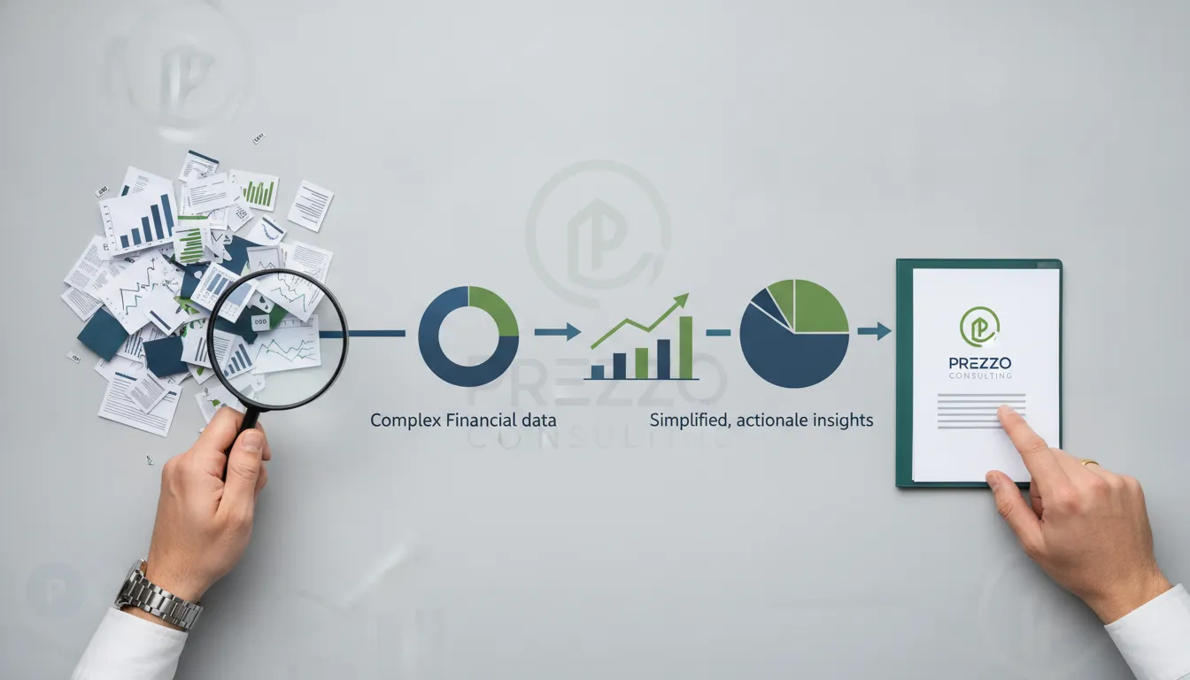 Infográfico ilustra transformação de dados complexos em insights claros com um nonprofit bookkeeping service.