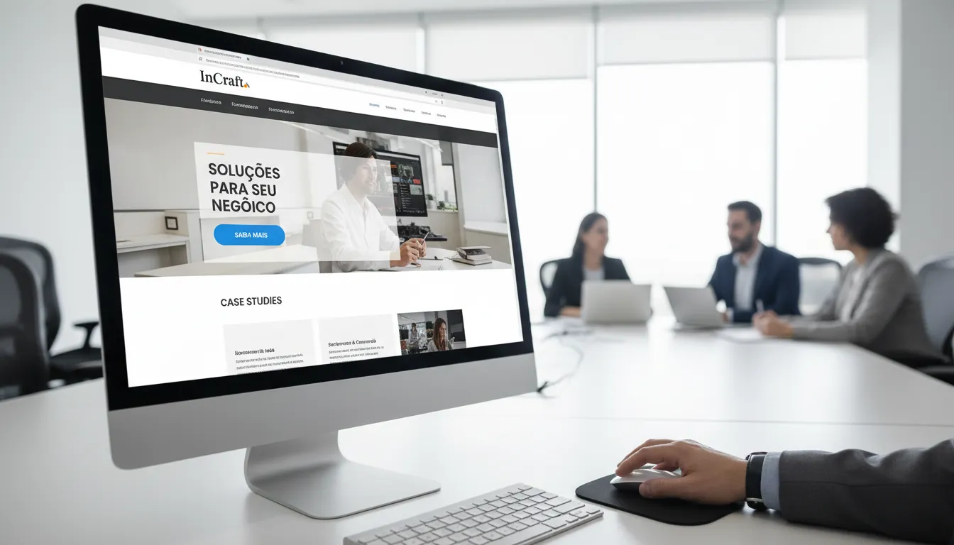 Monitor exibe um website B2B de alta performance e design responsivo, destacando o que é website para negócios estratégicos.