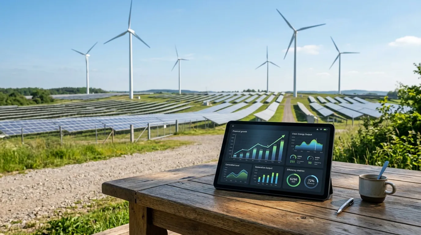 Painéis solares e gráficos financeiros para reduzir despesas com energia de pequenos negócios.