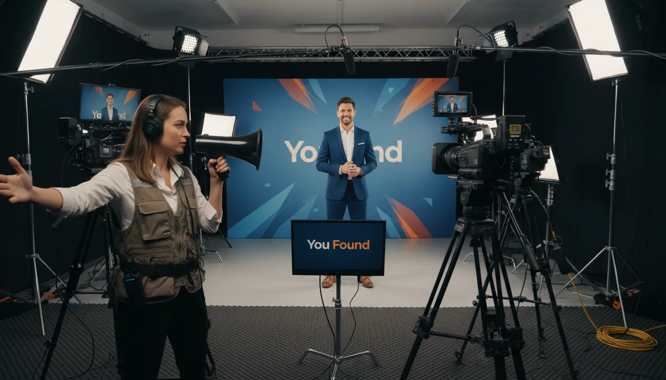 Diretor em um estúdio de vídeo, gesticulando para uma equipe filmando um vídeo do YouTube. Logo da You Found.
