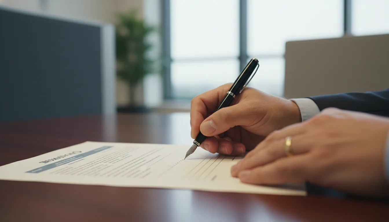 Mãos assinando documento legal com advogado em Eunápolis para plano de saúde.