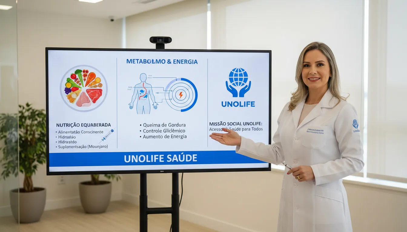Imagem comparativa 'antes e depois' de paciente usando Mounjaro com orientação nutricional da Unolife, demonstrando perda de peso e melhora da saúde com Mounjaro.