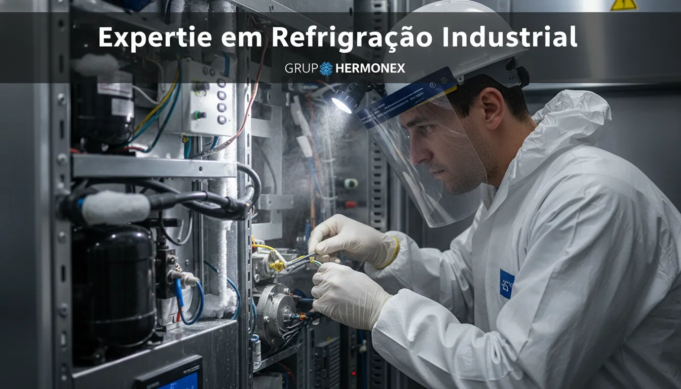Especialista do Grupo Hermonex realizando instalacao ar condicionado industrial ou manutenção precisa em câmara frigorífica.