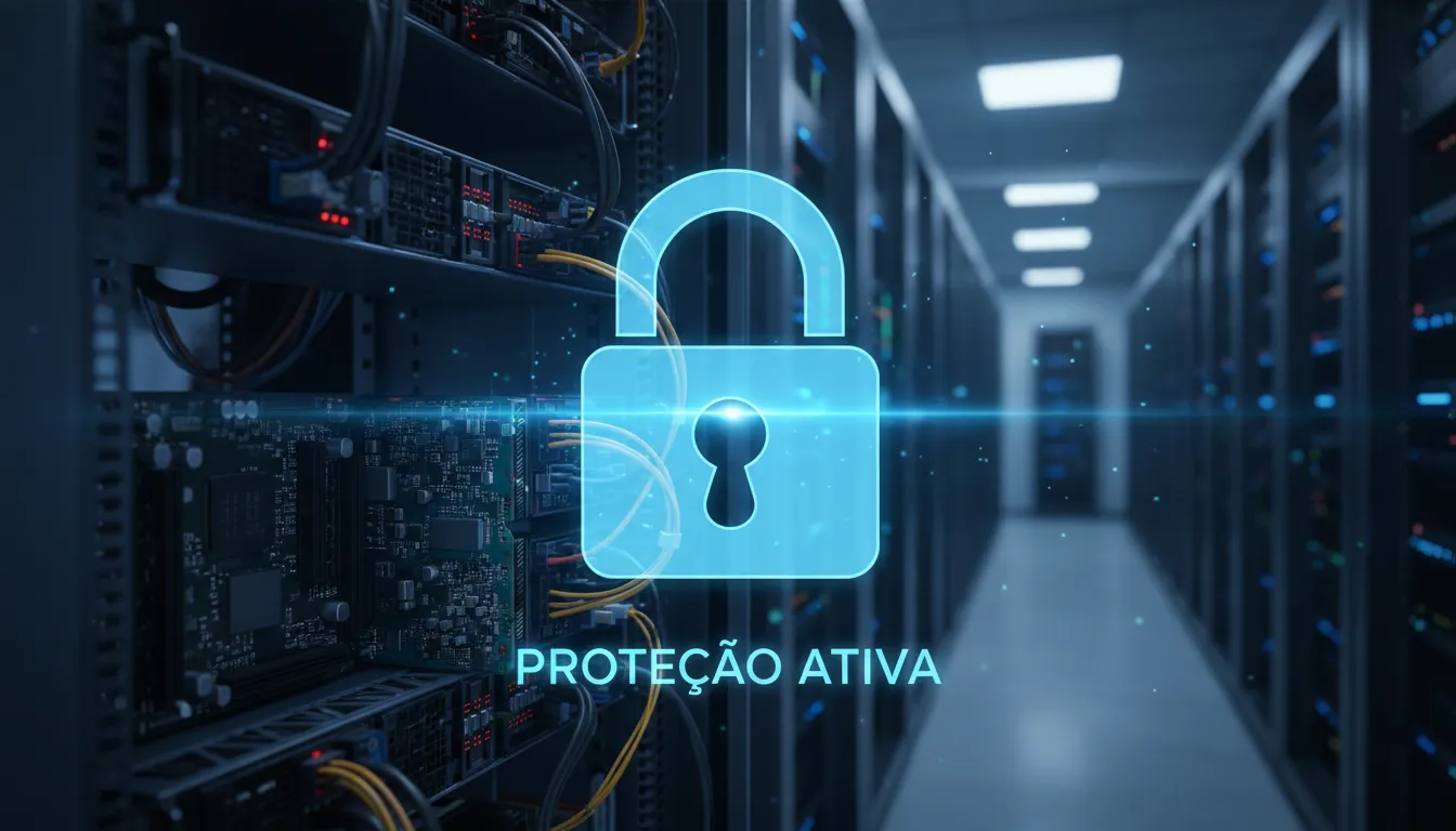 Servidor de dados exibe holograma de cadeado, representando proteção digital avançada.