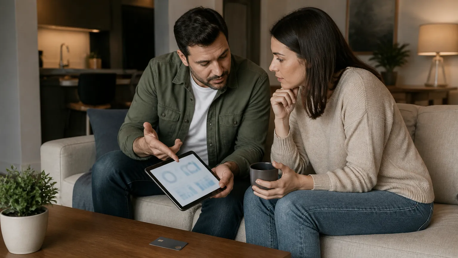 Casal avaliando situações para usar limite do cartão para emergências familiares.