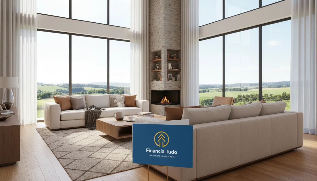 Sala de estar aconchegante em casa recém-construída, com brochure da Financia Tudo na mesa de centro, representando a realização do sonho da casa própria através de empréstimo para construção.