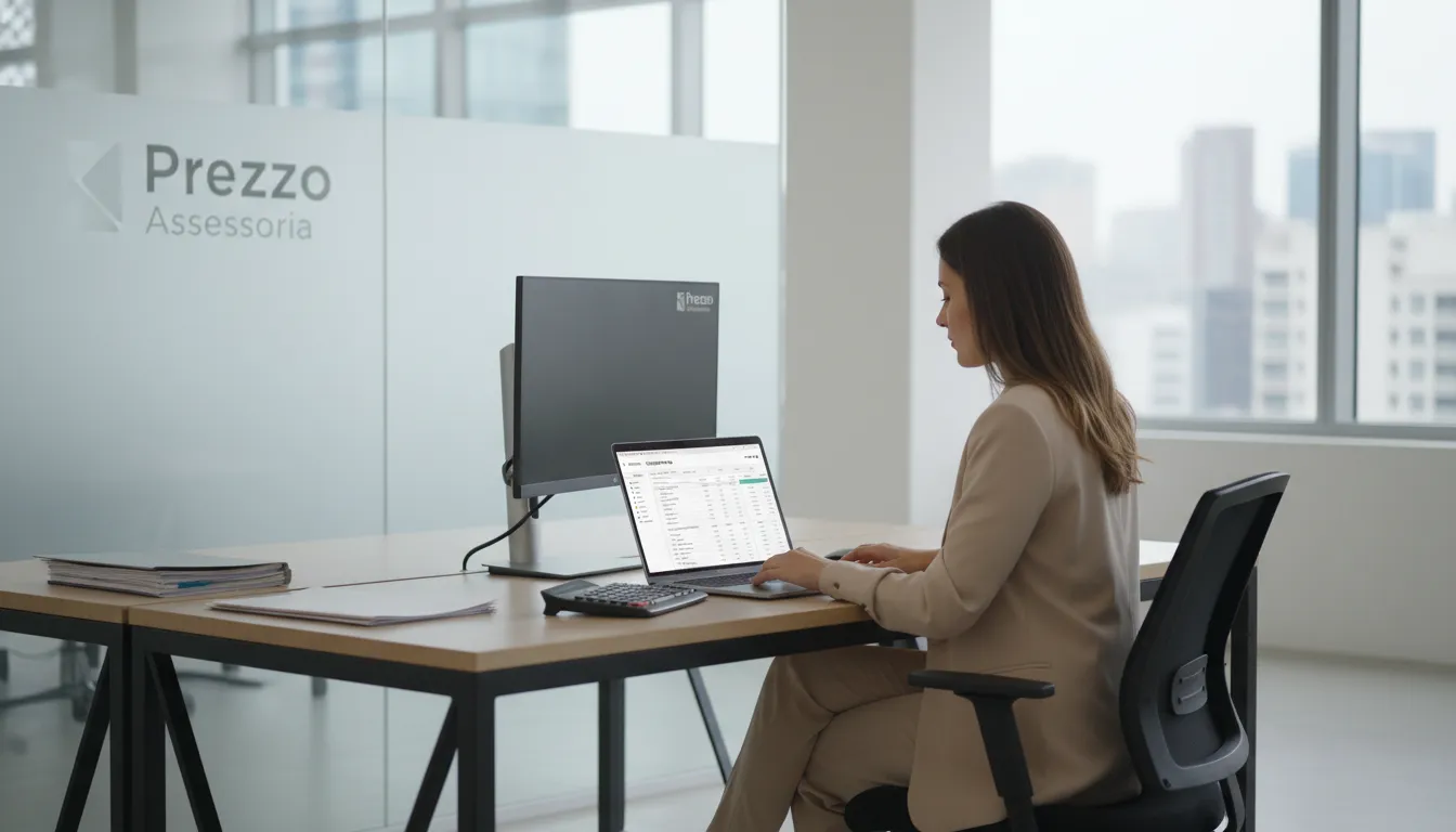 Contador trabalhando em software de contabilidade, representando a gestão financeira e contabilidade para clínica odontológica com a Prezzo Assessoria.