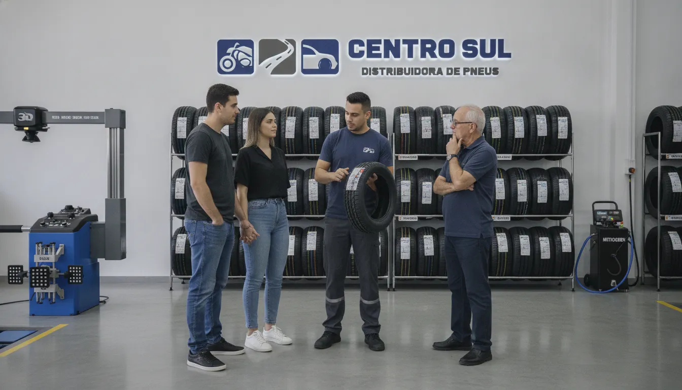 Clientes observam técnico explicando pneus remoldados certificados Inmetro, focando na data de fabricação do pneu.