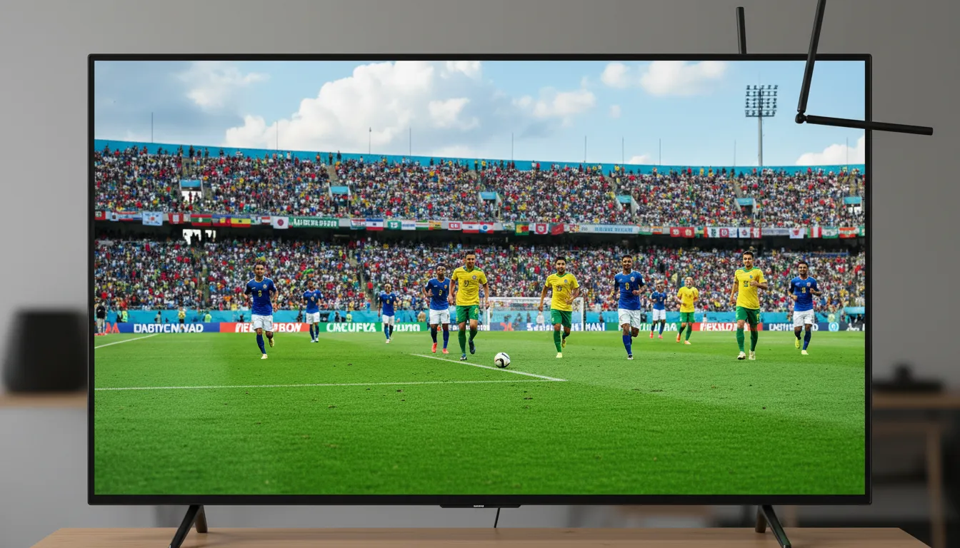 Detalhe da TV transmitindo a copa com imagem nítida e cores vibrantes, graças à antena digital para assistir copa grátis.