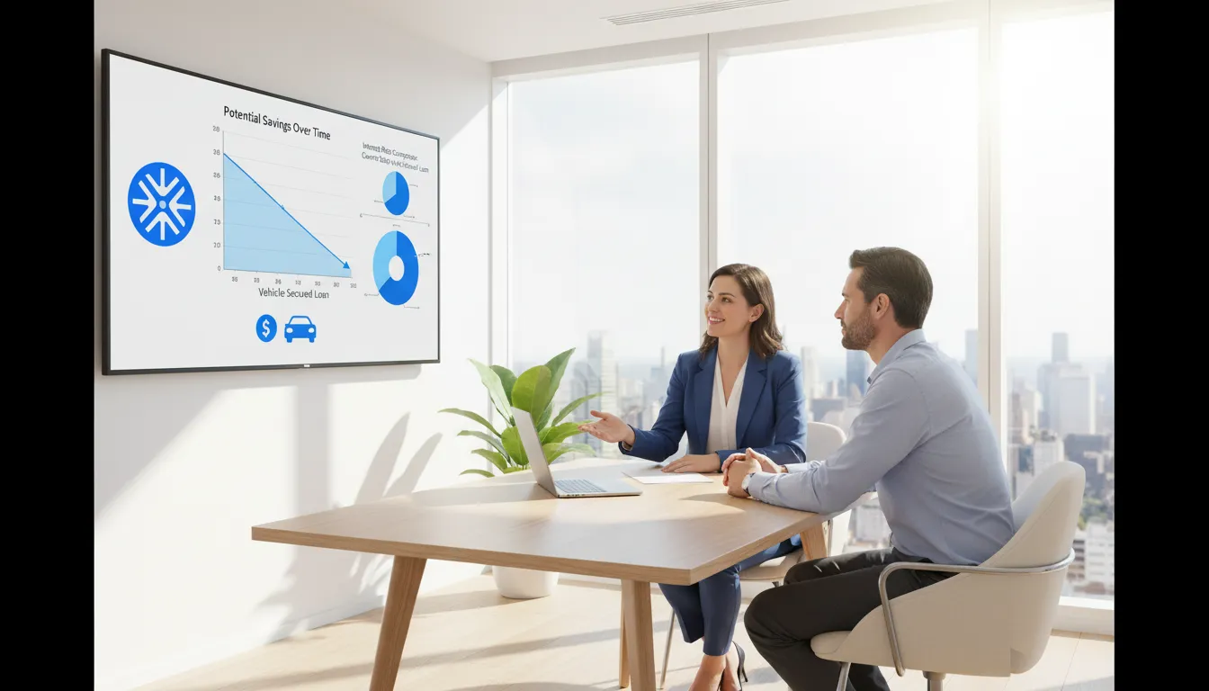 Consultor financeiro explicando como trocar dívida por crédito mais barato com garantia de veículo, mostrando gráficos comparativos.