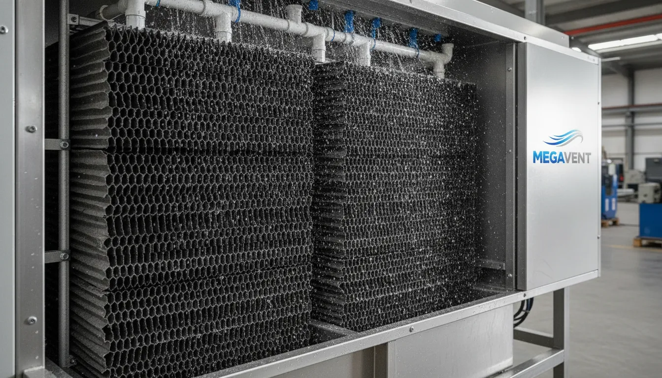 Detalhe do interior de um climatizador evaporativo industrial, mostrando seus componentes umidificadores.