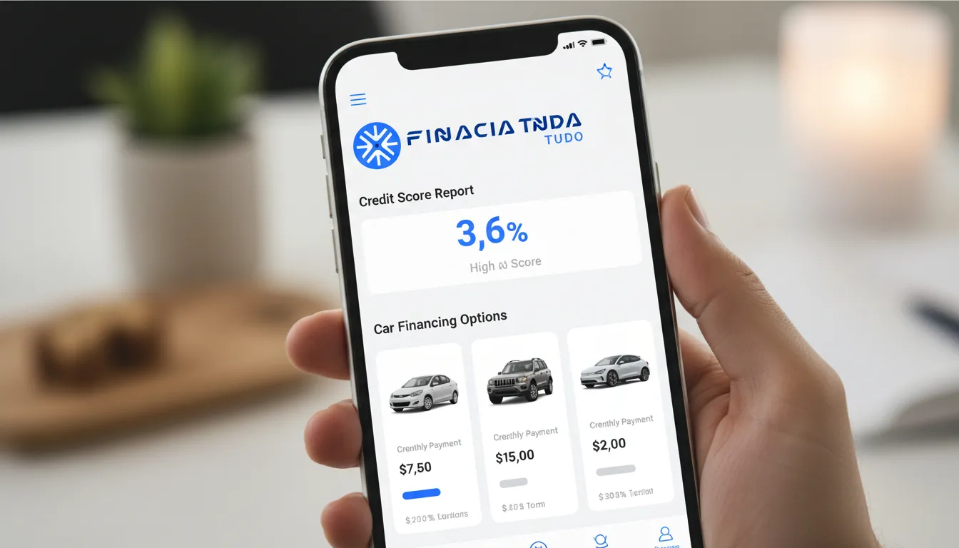 Aplicativo Financia Tudo exibindo opções de análise de crédito para financiamento de veículos e score de crédito.