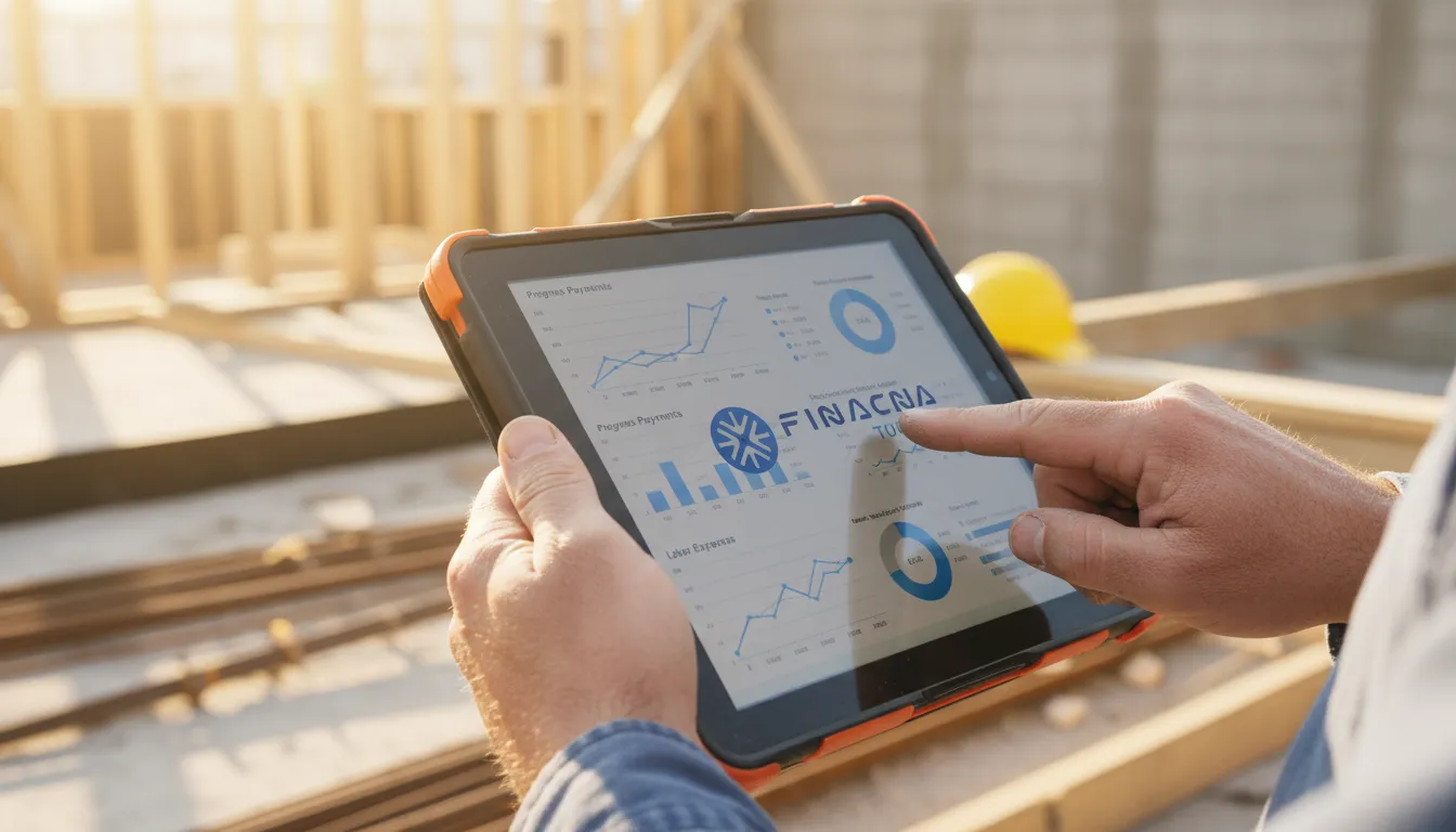 Contratante analisa opções de empréstimo para término de obra imóvel em construção no tablet. Financia Tudo.