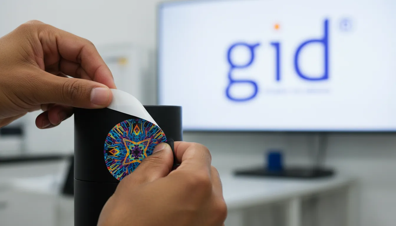 Mãos diversas aplicam adesivo personalizado, simbolizando a inclusão produtiva e a atenção aos detalhes da GID.