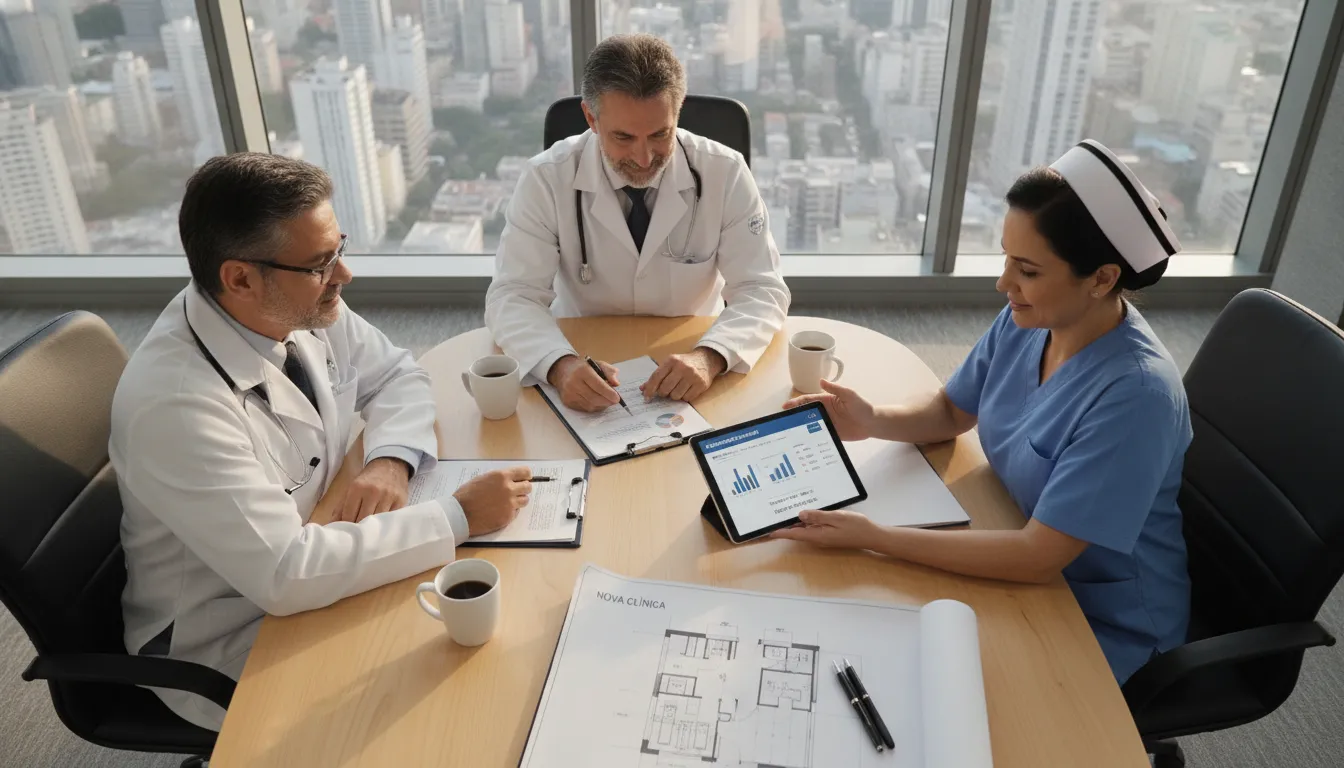 Profissionais de saúde analisam opções de financiamento para consultório médico, planejando expansão.