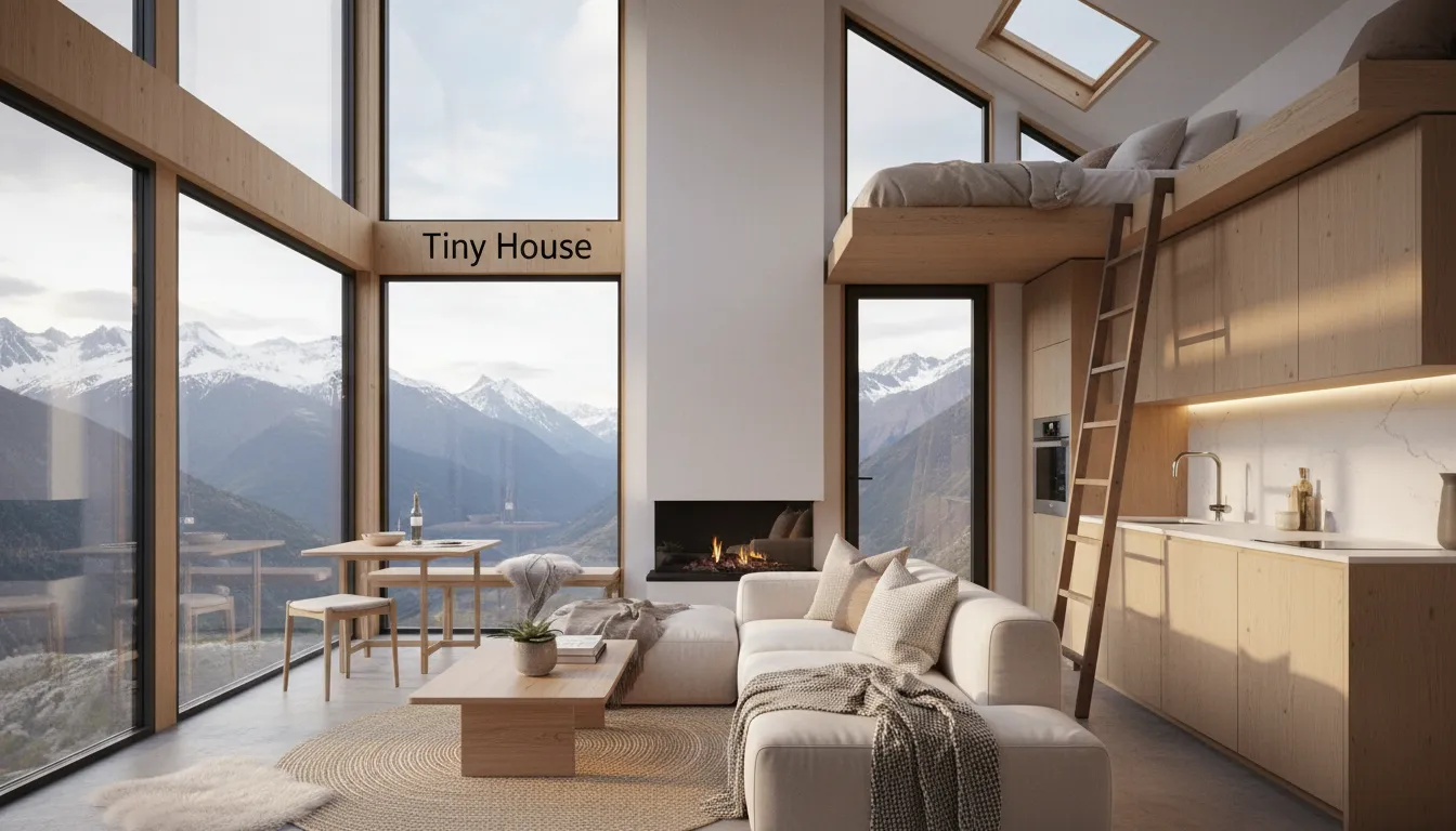 Interior aconchegante de uma tiny house moderna com vista panorâmica das montanhas, exemplificando o luxo de viver com menos e a beleza do design funcional.