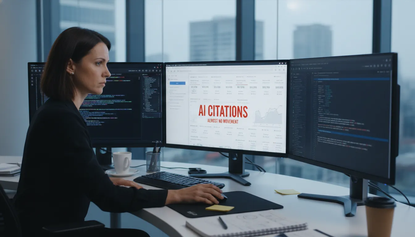 Profissional analisa dados da Ahrefs sobre o impacto do schema markup em citações de IA, mostrando pouca mudança.