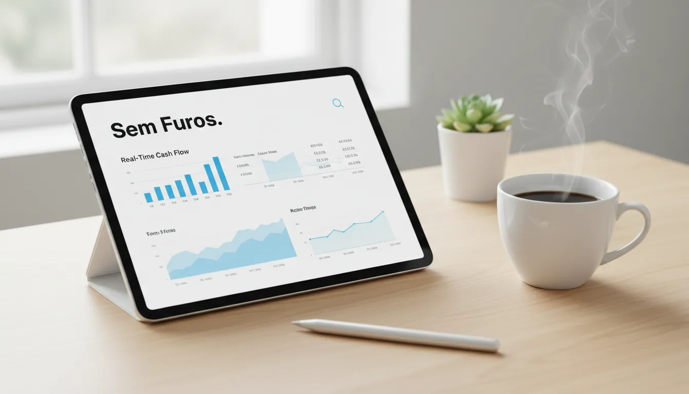 Visão de um tablet mostrando um dashboard intuitivo com dados do fluxo de caixa diário em tempo real, transmitindo organização e facilidade de uso.