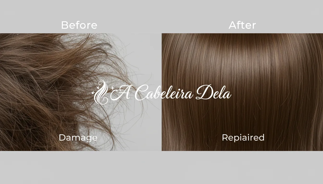 Comparativo 'Antes e Depois' mostrando a transformação de um cabelo com química danificado para um cabelo hidratado e saudável.