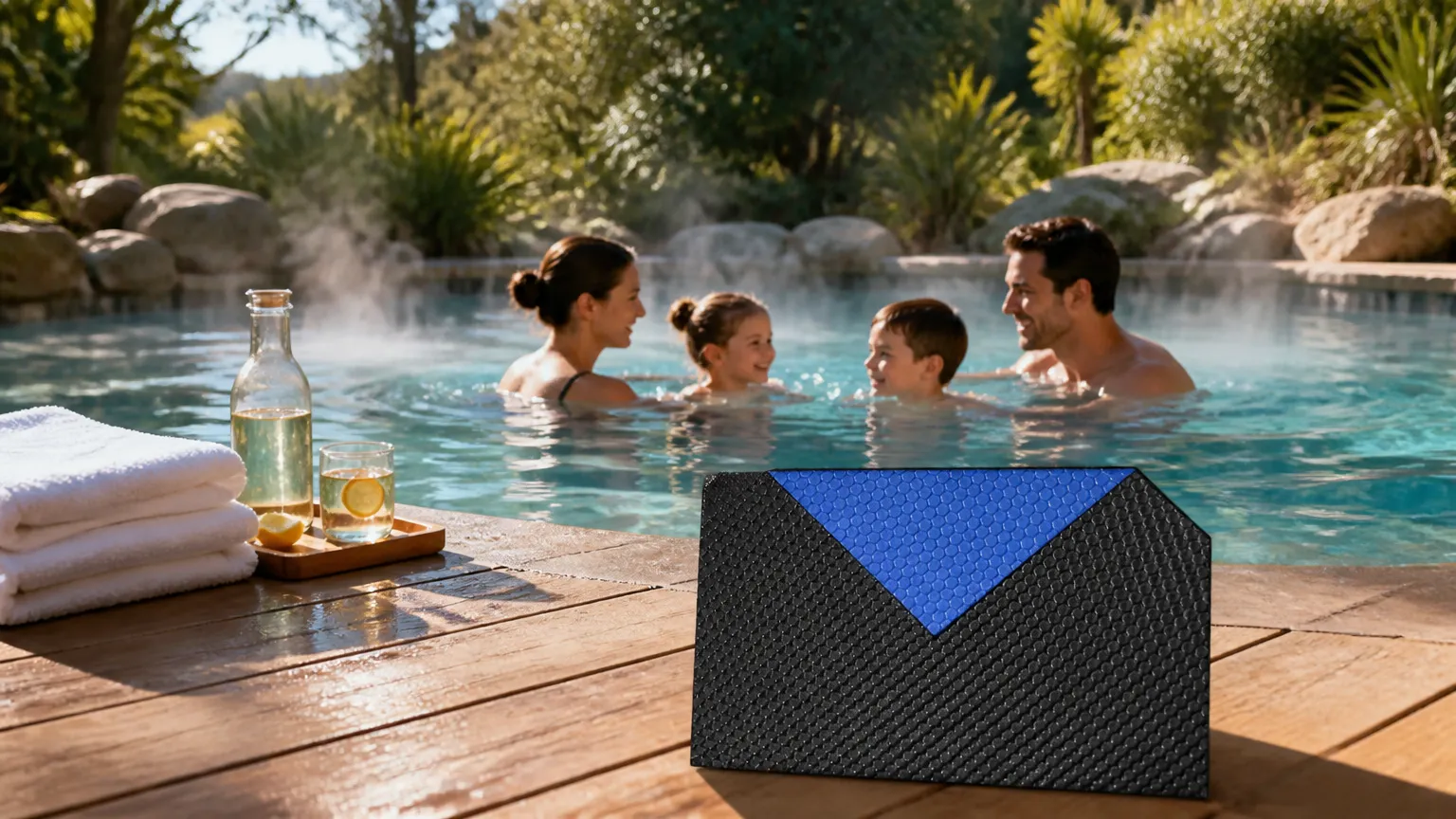 Família aproveitando água quente em piscina aquecida no jardim de casa.