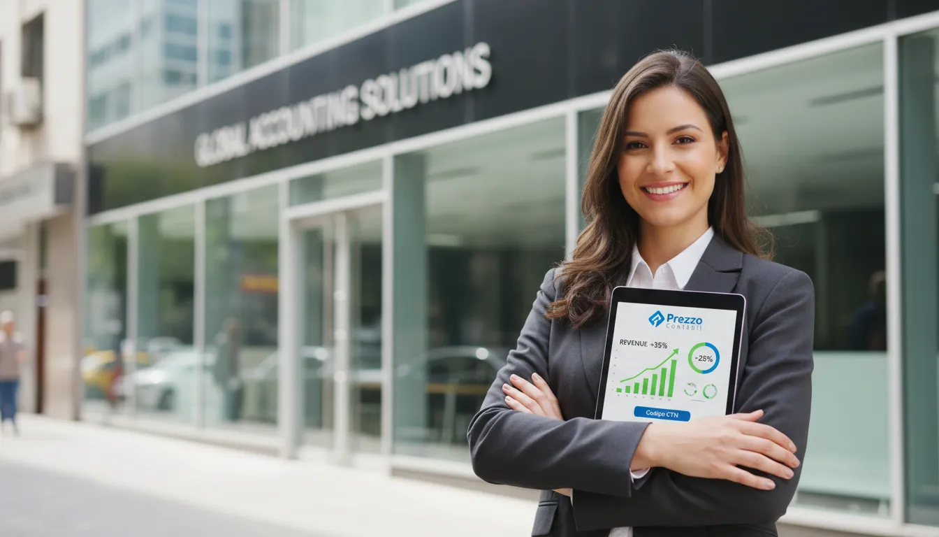 Empreendedor confiante em frente ao seu negócio, com um tablet mostrando métricas financeiras positivas, demonstrando a ajuda da Prezzo Contábil no codigo de tributação nacional.
