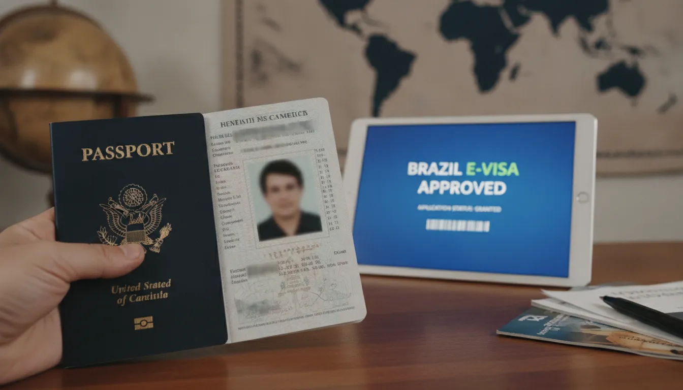US passport, tablet displaying 'E-Visa Approved' screen, symbolizing smooth e visa Brazil application.