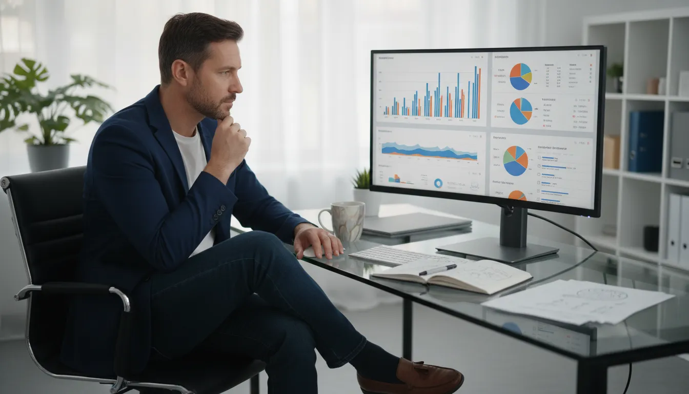 Especialista analisando dados complexos de Facebook Ads em monitor, otimizando campanha.