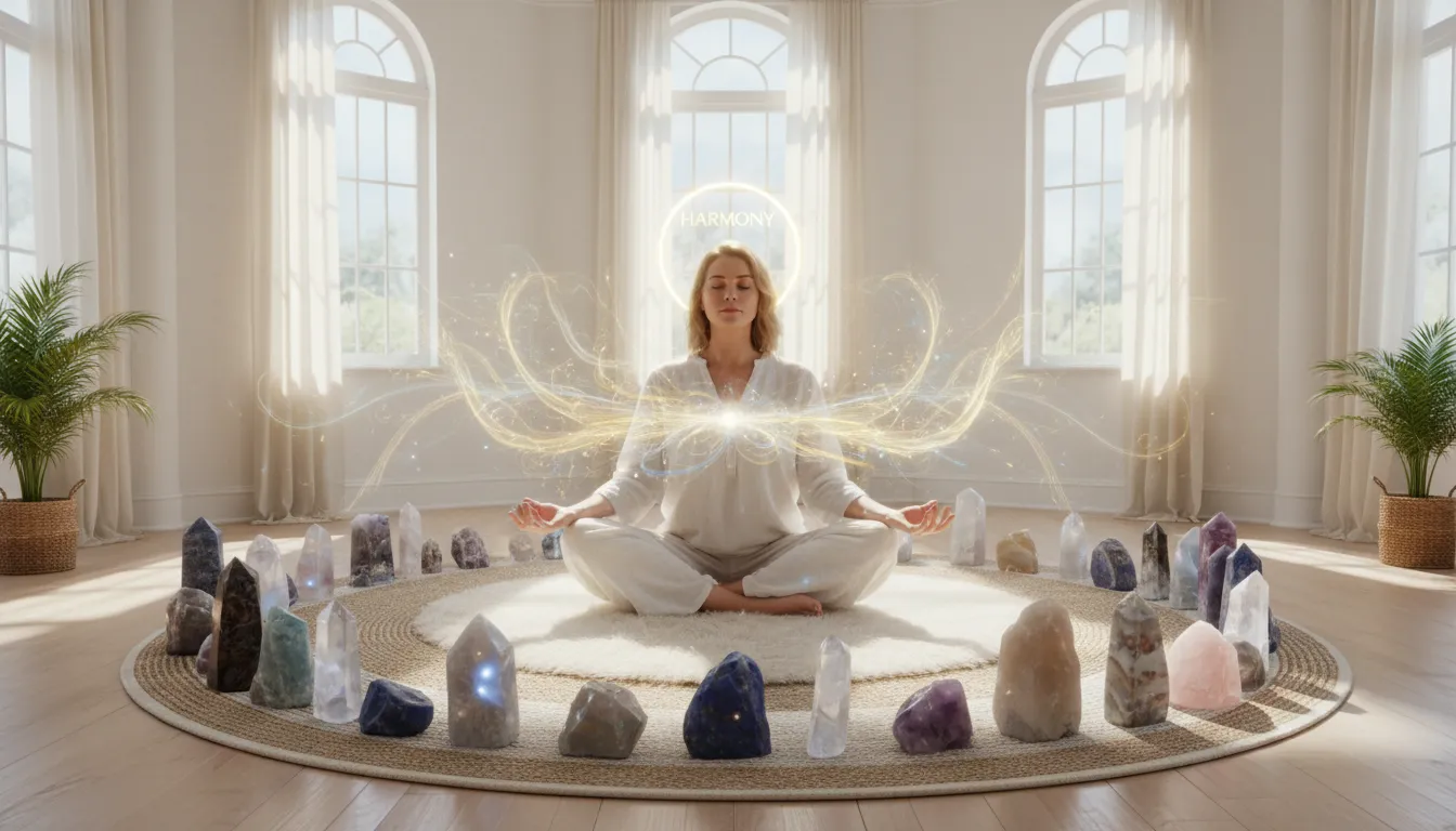 Pessoa meditando cercada de cristais, simbolizando autocuidado energético