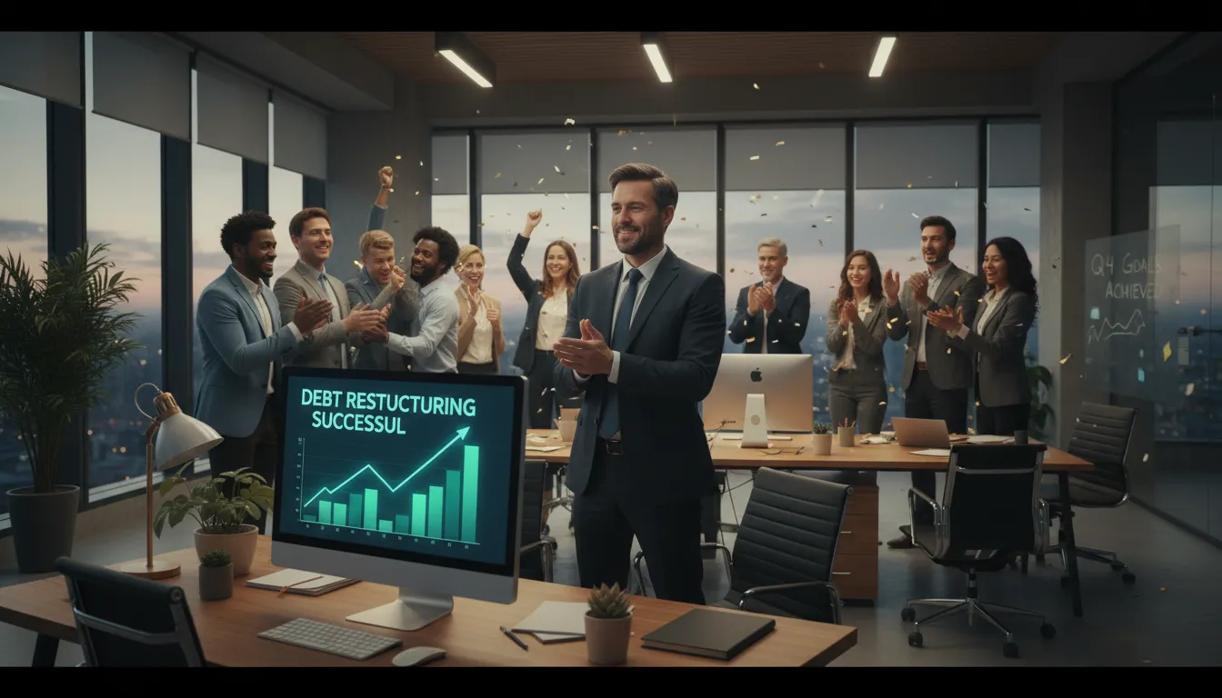 Empresário visualiza recuperação financeira pós-negociação de dívidas, ambiente de otimismo empresarial