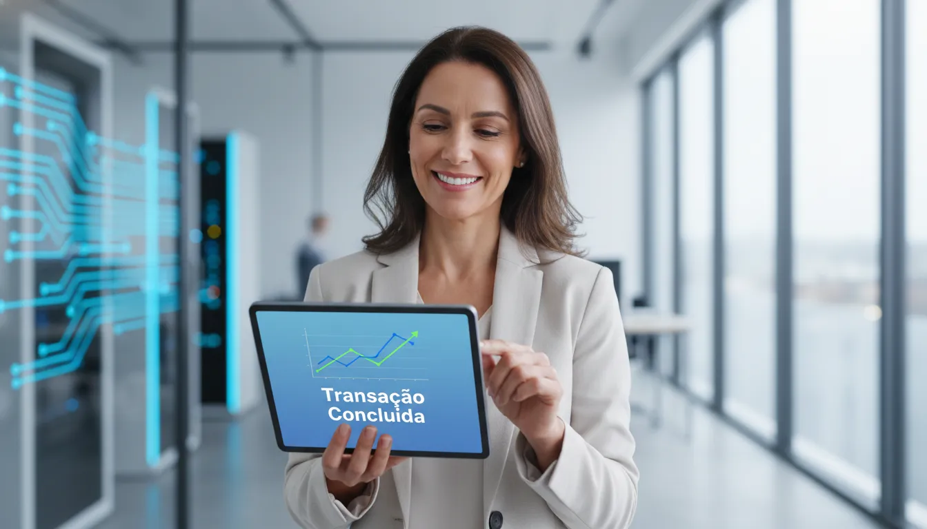 Uma mulher sorrindo enquanto visualiza a tela de um tablet com gráficos financeiros positivos, mostrando a antecipação segura de precatórios municipais.