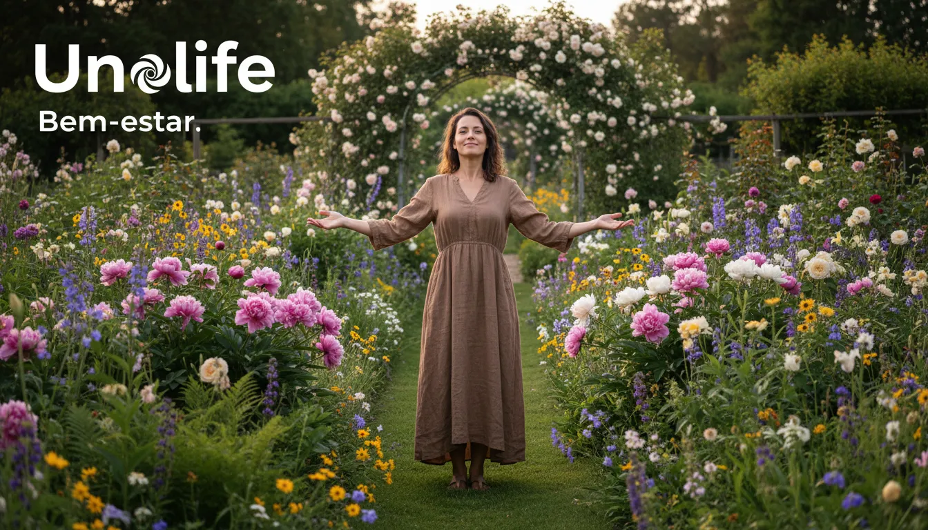 Uma pessoa em um jardim exuberante, representando crescimento pessoal através da numerologia cabalística e bem-estar. Unolife ao fundo.